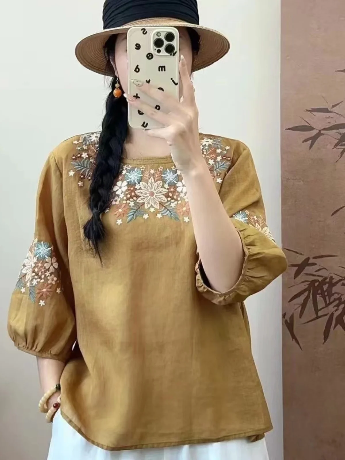 New Chinese Sle Loose Fit round Ne ort Sve Breathable Slimming Cotton Linen Blend Women's irt in Pink Summer Faion
New Chinese Sle Loose Fit round Ne ort Sve Breathable Slimming Cotton Linen Blend Women's irt in Pink Summer Faion