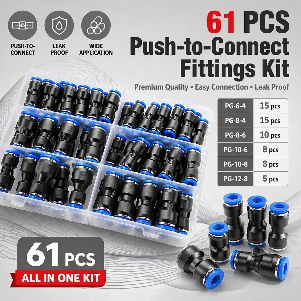 61Pcs Pneumatic Fitting Kit PG Reducer Air Hose Quick Connector Tube OD 6-4 8-4 8-6 10-6 10-8 12-8mm Push In Straight Joint Box
61Pcs Pneumatic Fitting Kit PG Reducer Air Hose Quick Connector Tube OD 6-4 8-4 8-6 10-6 10-8 12-8mm Push In Straight Joint Box