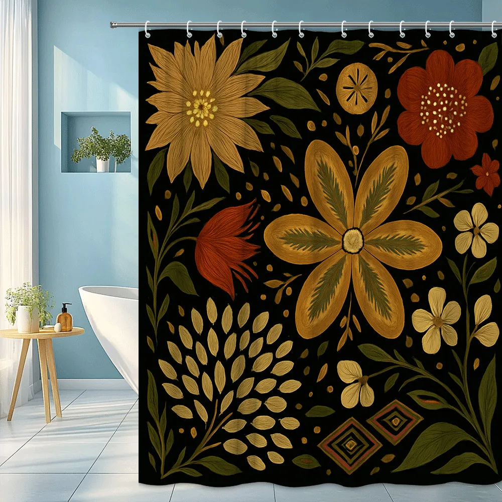 Bold Black Floral Shower Curtain Golden and Rust Flowers Tribal Pattern Boho Artistic Design Waterproof Simple Installation
Bold Black Floral Shower Curtain Golden and Rust Flowers Tribal Pattern Boho Artistic Design Waterproof Simple Installation