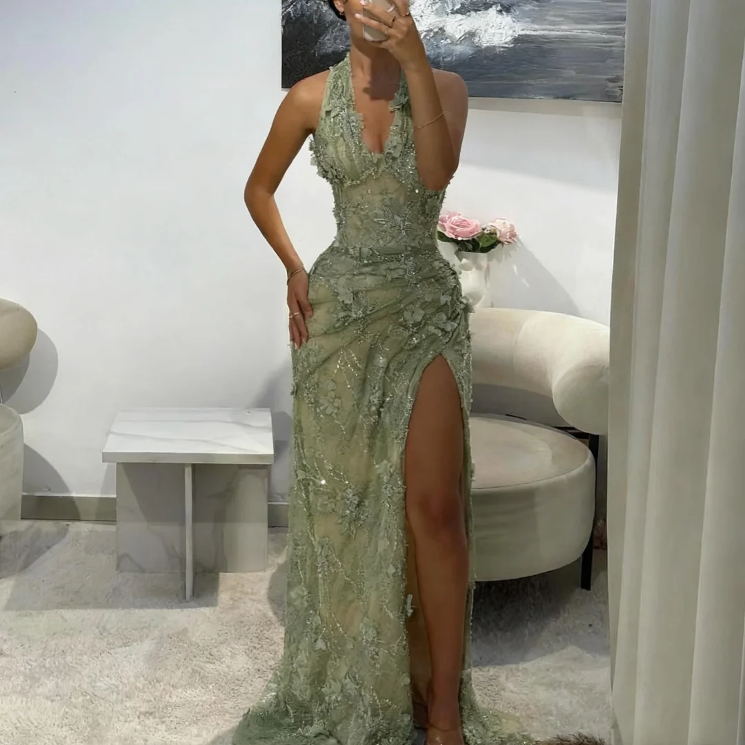 Платье для выпускного вечера с цветочной аппликацией и разрезом, расшитое блестками, свадебное платье с лямкой на шее, изысканные вечерние платья для женщин по индивидуальному заказу 
Платье для выпускного вечера с цветочной аппликацией и разрезом, расшитое блестками, свадебное платье с лямкой на шее, изысканные вечерние платья для женщин по индивидуальному заказу