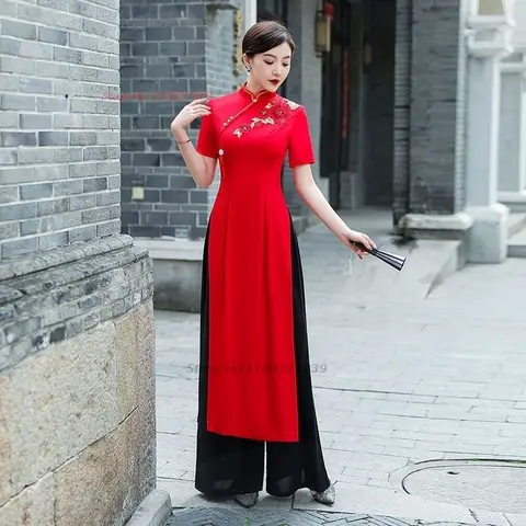 2026 vietnam woman ao dai dress chinese elegant cheongsam dress+pants set vintage flower embroidery banquet evening qipao dress
