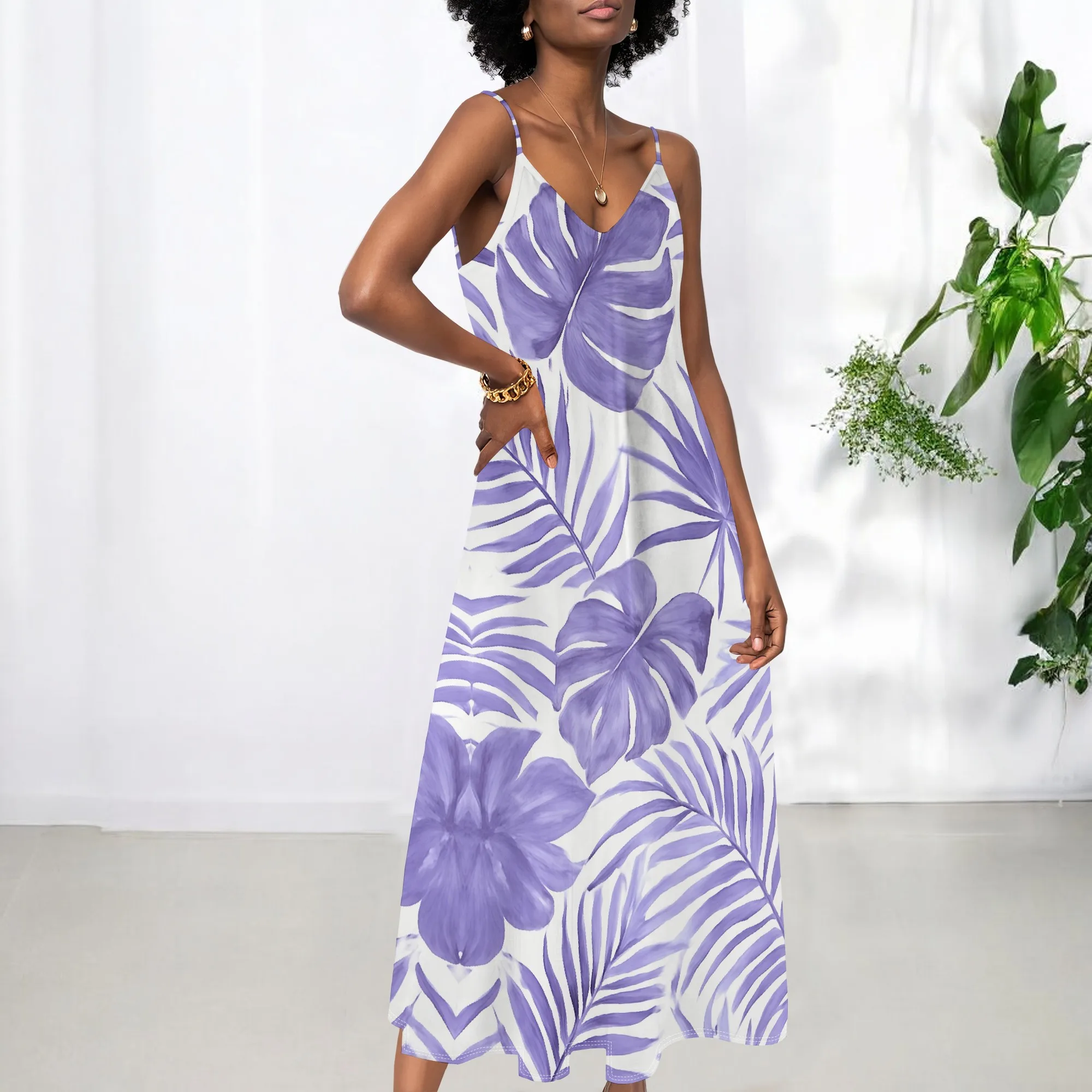 Purple Tropical Leaf Print Maxi Dress S-3XL Sleeveless Summer Vacation Beach Look Spaghetti Strap Flow Style
Purple Tropical Leaf Print Maxi Dress S-3XL Sleeveless Summer Vacation Beach Look Spaghetti Strap Flow Style