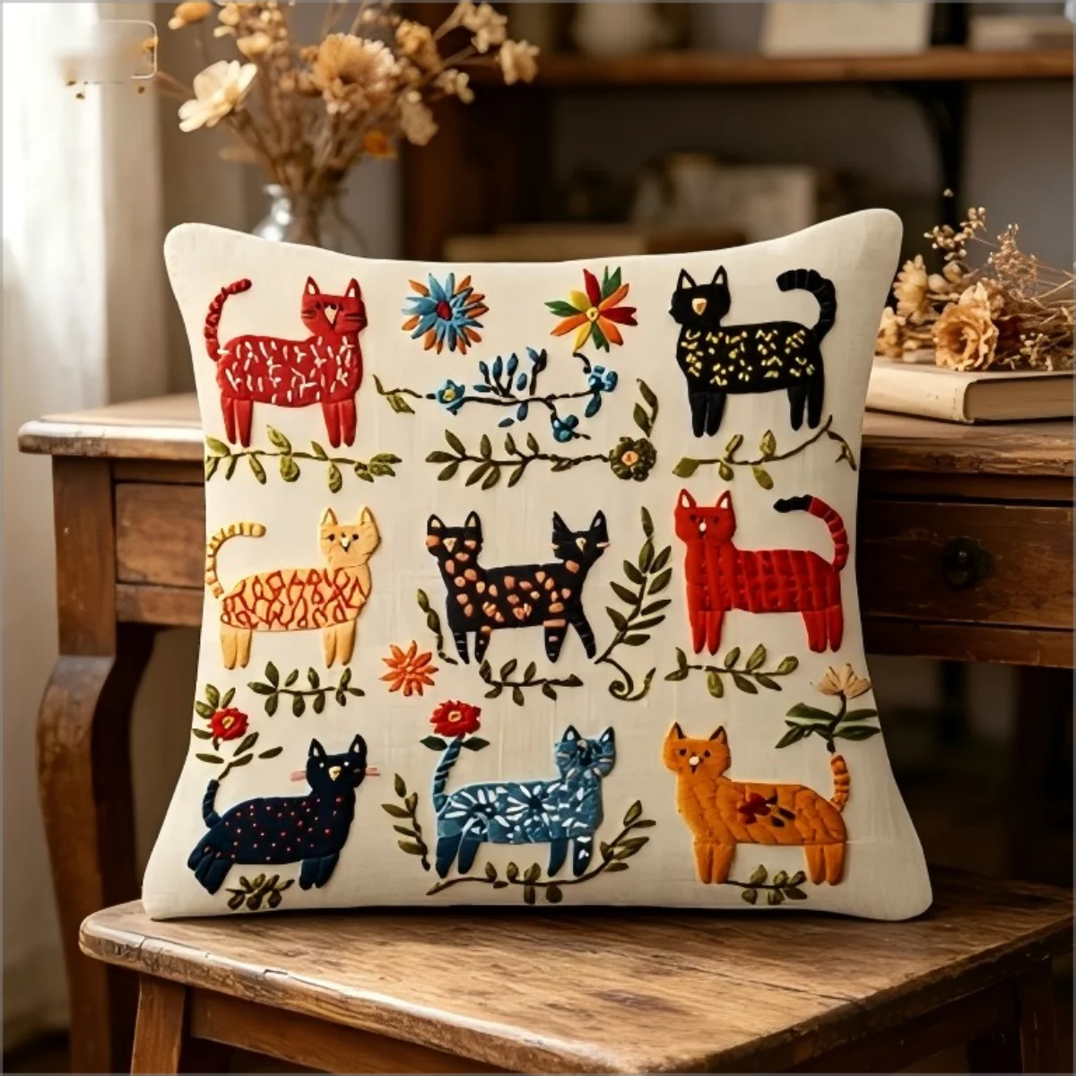 Cute Cat Throw Pillow Cover, Folk Art Style Multicolor Cats & Flowers Decorative Pillow Case
Cute Cat Throw Pillow Cover, Folk Art Style Multicolor Cats & Flowers Decorative Pillow Case