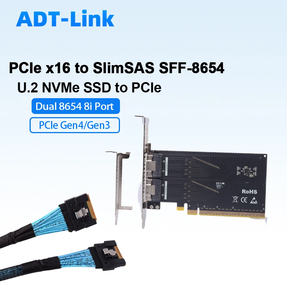 ADT-Link PCIe 4.0 X16 To SlimSAS SFF-8654 8i Adapter Card Dual Ports 3.0 Compatible NVMe SSD Expansion Riser for Desktop Server
ADT-Link PCIe 4.0 X16 To SlimSAS SFF-8654 8i Adapter Card Dual Ports 3.0 Compatible NVMe SSD Expansion Riser for Desktop Server