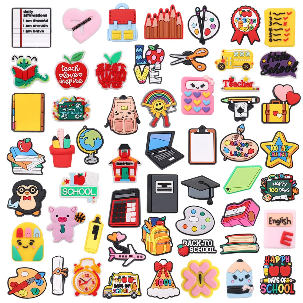 Wholesale 50Pcs PVC Happy 100 Days of School Globe Schoolbags Shoe Charms Kids Buckle Accessories Fit Wristbandcute
Wholesale 50Pcs PVC Happy 100 Days of School Globe Schoolbags Shoe Charms Kids Buckle Accessories Fit Wristbandcute