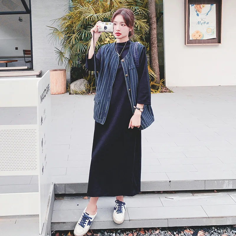 Washed Stripe Denim Vest Coat and Black Dress Two Piece Set Spring Autumn Women Long Sleeve Loose Casual Dresses Suits 8037
Washed Stripe Denim Vest Coat and Black Dress Two Piece Set Spring Autumn Women Long Sleeve Loose Casual Dresses Suits 8037
