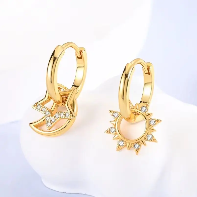 925 Sterling Hoop Earring For Woman Gold Color Star Moon Sun Asymmetry Pendant Earring Female Jewelry Gift
925 Sterling Hoop Earring For Woman Gold Color Star Moon Sun Asymmetry Pendant Earring Female Jewelry Gift