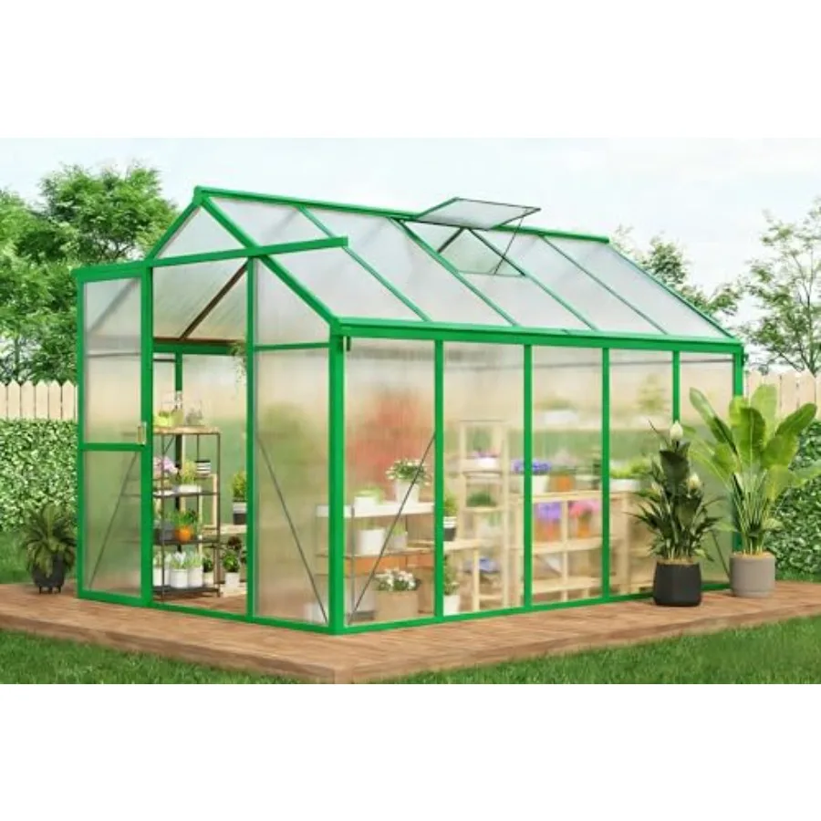 6x10 FT Outdoor Greenhouse with Polycarbonate Panels Green Color Roof Vent Ground Nails Lockable Push Door Aluminum Frame Large
6x10 FT Outdoor Greenhouse with Polycarbonate Panels Green Color Roof Vent Ground Nails Lockable Push Door Aluminum Frame Large