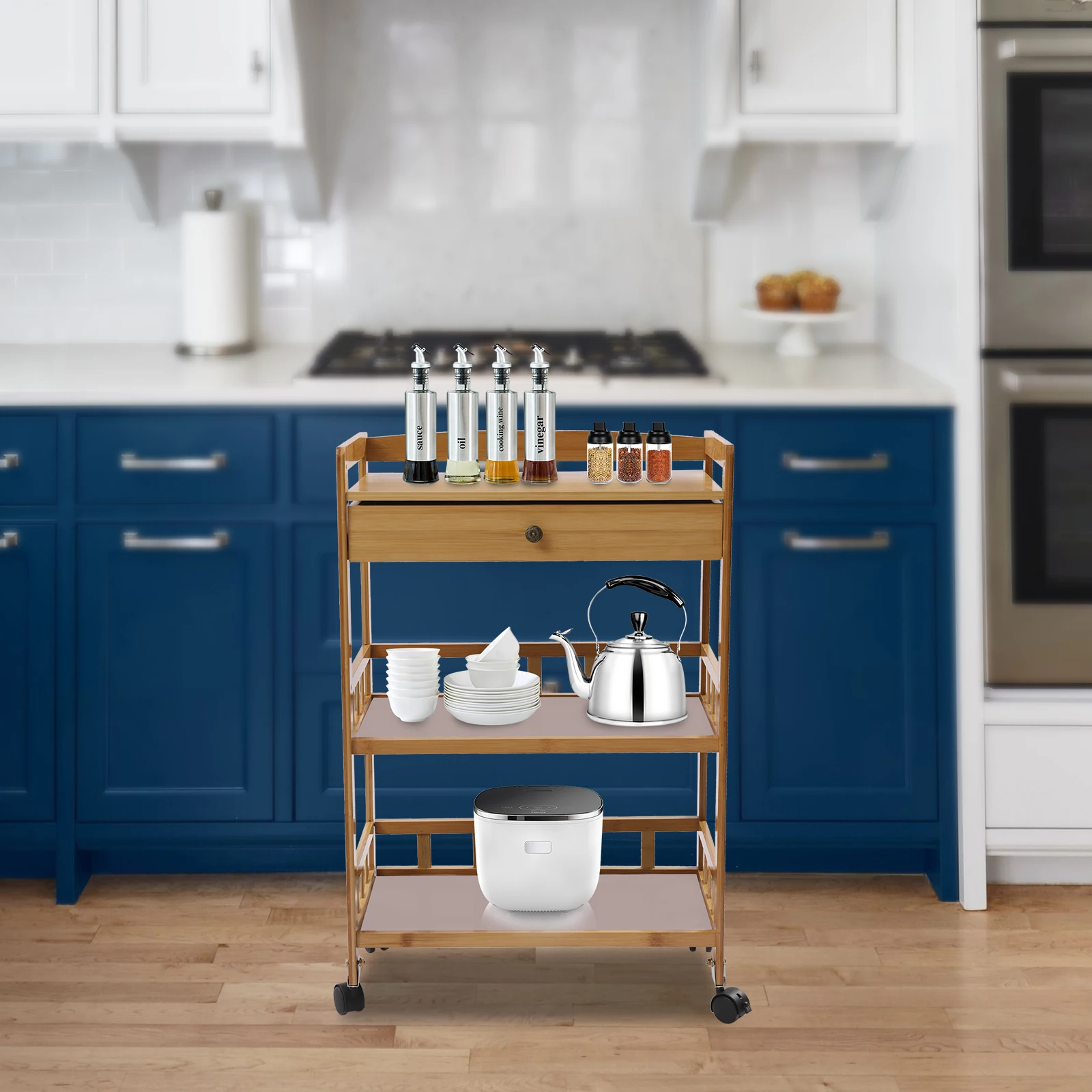 3 Tiers Shelves Mobile Cart 80cm Bamboo Kitchen Rolling Trolley Storage Rack With Drawers & 4*Universal Wheels
3 Tiers Shelves Mobile Cart 80cm Bamboo Kitchen Rolling Trolley Storage Rack With Drawers & 4*Universal Wheels