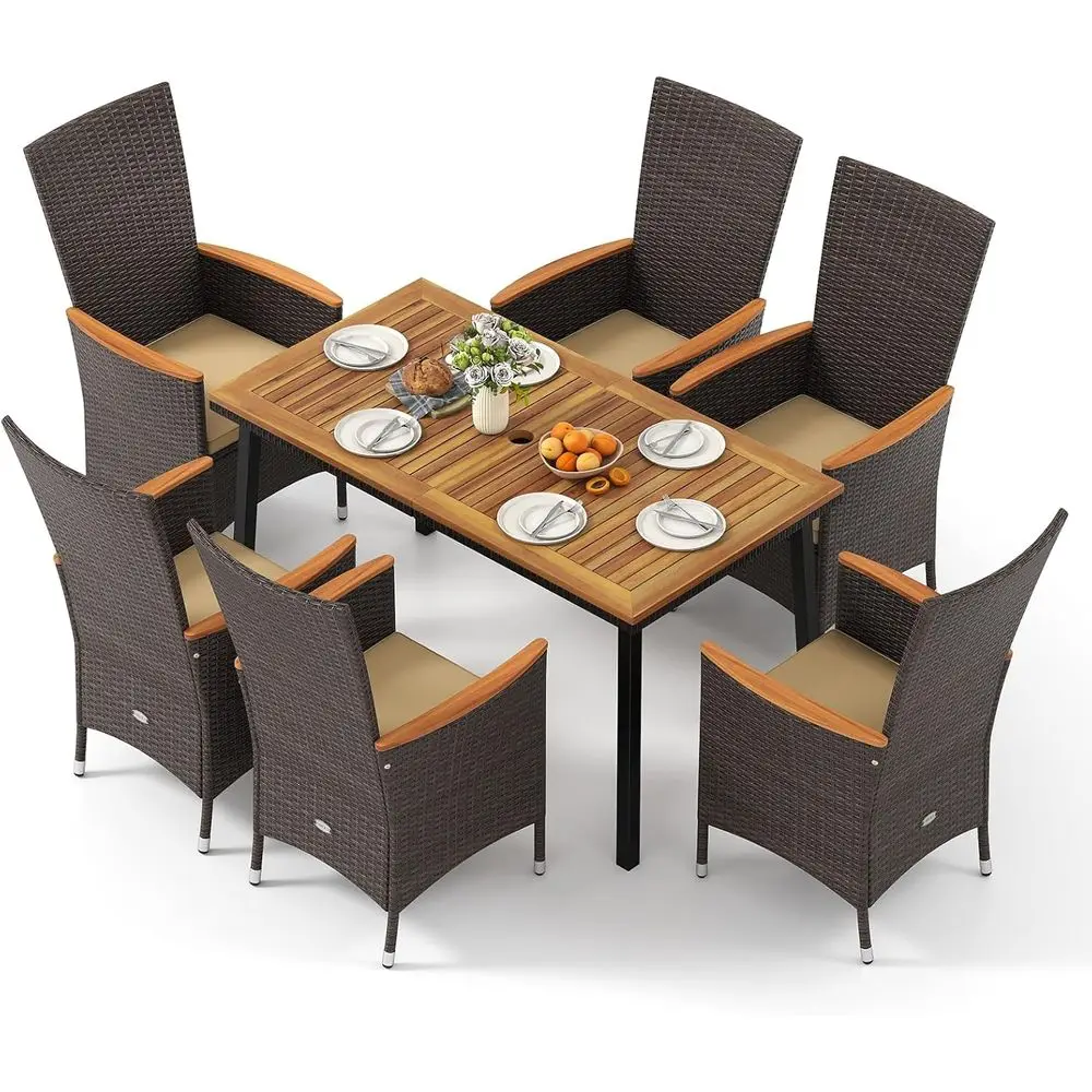7 Pieces Rattan Outdoor Dining Set or 6, Outdoor Acacia Wood Table Set with 6 Cushioned Wicker Chairs, Umbrella Hole, Patio Dini
7 Pieces Rattan Outdoor Dining Set or 6, Outdoor Acacia Wood Table Set with 6 Cushioned Wicker Chairs, Umbrella Hole, Patio Dini