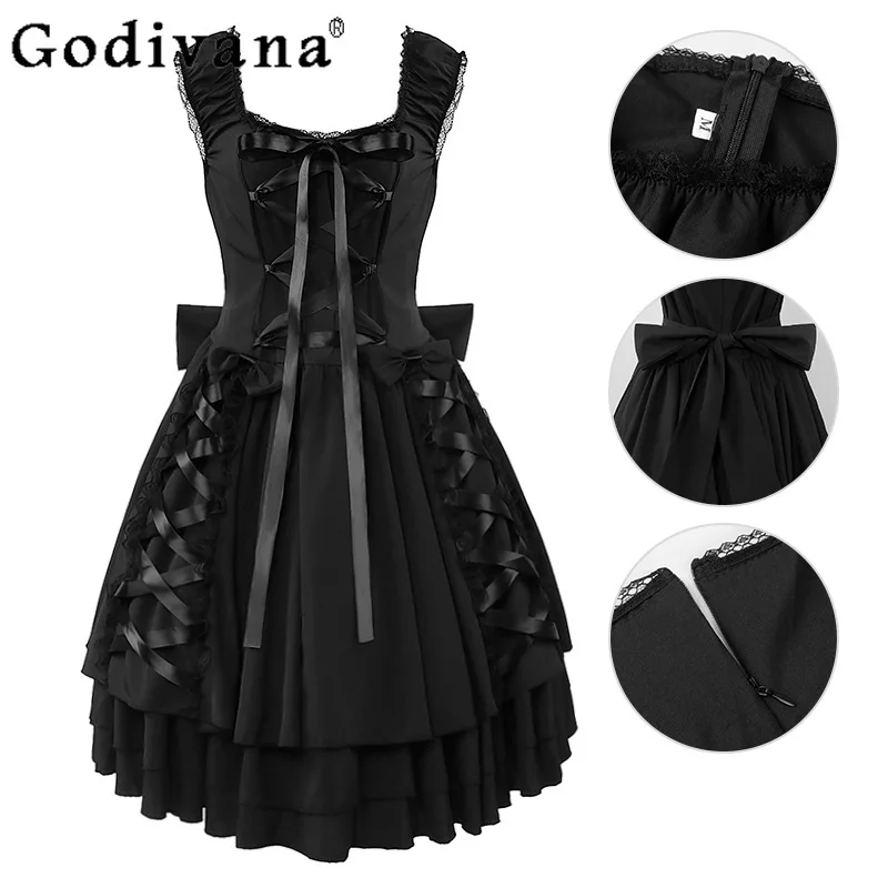 European American Retro Dark Lolita Suspender Dress Female British Lace-up Court Cos Maid Sweet Bow Lace High Waist Dresses
European American Retro Dark Lolita Suspender Dress Female British Lace-up Court Cos Maid Sweet Bow Lace High Waist Dresses