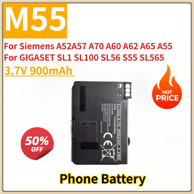 New Replacement Mobile Phone Battery 3.7V 900mAh M55 S55 For Siemens A52A57 A70 A60 A62 A65 A55 For GIGASET SL1 SL100 SL56 S55
New Replacement Mobile Phone Battery 3.7V 900mAh M55 S55 For Siemens A52A57 A70 A60 A62 A65 A55 For GIGASET SL1 SL100 SL56 S55