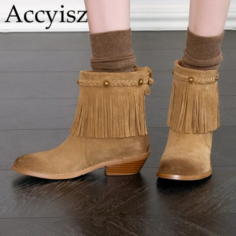 3.5cm thick high-heeled tassel retro women's holiday boots matte suede round toe spring and autumn solid color short boots
3.5cm thick high-heeled tassel retro women's holiday boots matte suede round toe spring and autumn solid color short boots