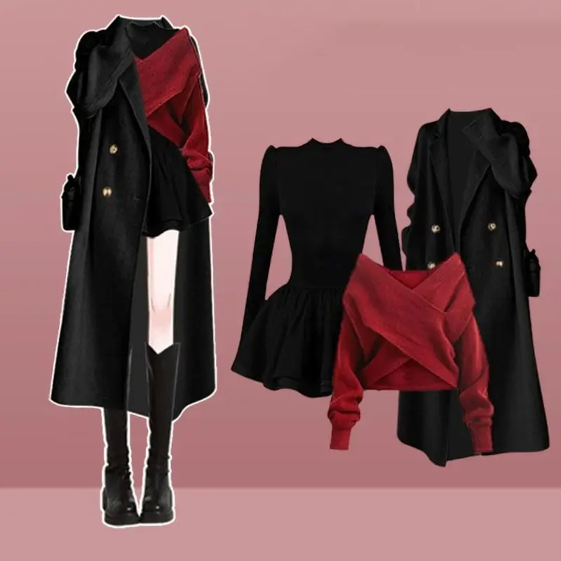 Temperament Women's Set Autumn/Winter Korean Edition Long Coat Knitted Sweater+Casual Dress Three Piece Set
Temperament Women's Set Autumn/Winter Korean Edition Long Coat Knitted Sweater+Casual Dress Three Piece Set