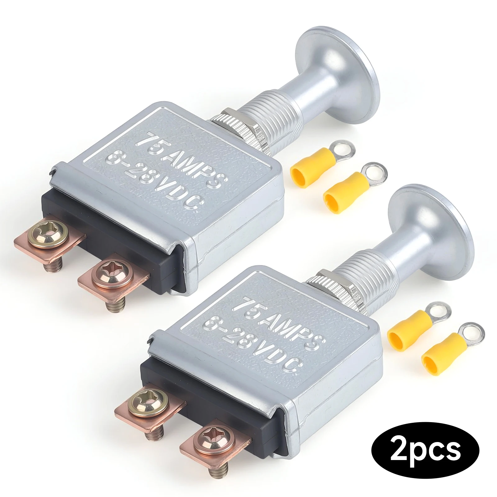 75A 2PCS Push Pull Switch 2Pos 6-28V DC SPST On Off Silver Plated Body with 4 Yellow Terminals For Automotive Off Road Trucks
75A 2PCS Push Pull Switch 2Pos 6-28V DC SPST On Off Silver Plated Body with 4 Yellow Terminals For Automotive Off Road Trucks