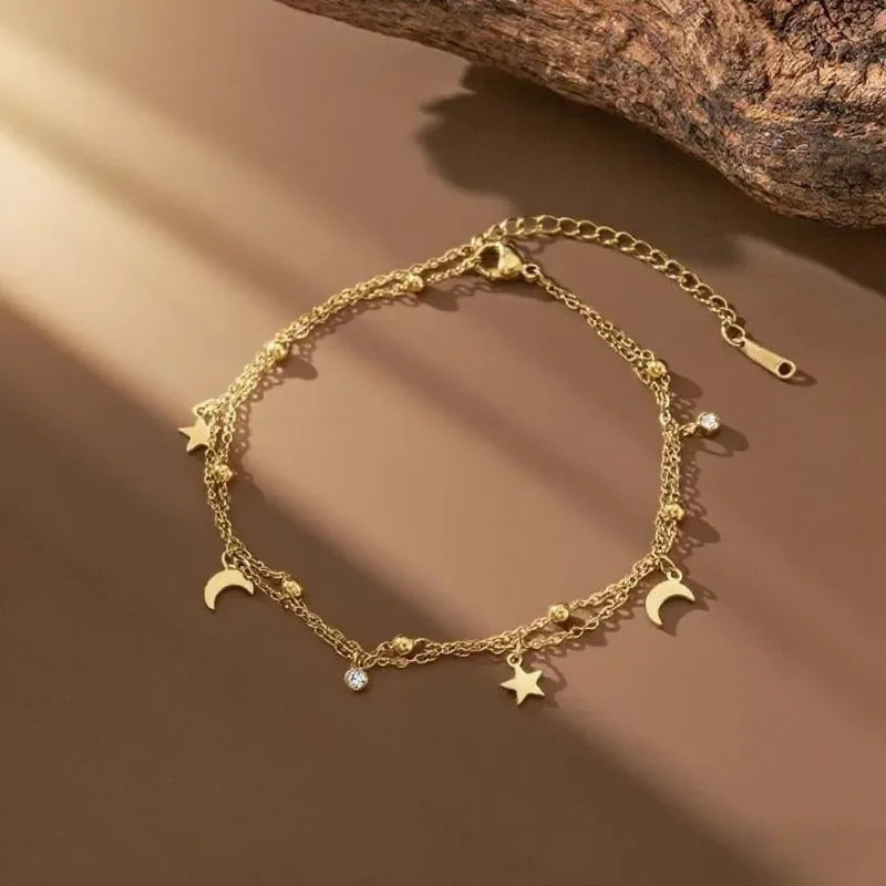 Sweet Fashion Gold Color Stainless Steel Double-layer Star and Moon Anklets for Woman Summer Beach Jewelry Accessories Colorfast
Sweet Fashion Gold Color Stainless Steel Double-layer Star and Moon Anklets for Woman Summer Beach Jewelry Accessories Colorfast