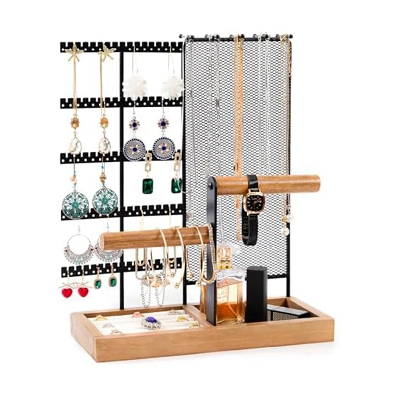 1 Piece 5 Tier Jewelry Holder Storage Rack With Storage Net And Removable Wood Ring Tray Black
1 Piece 5 Tier Jewelry Holder Storage Rack With Storage Net And Removable Wood Ring Tray Black
