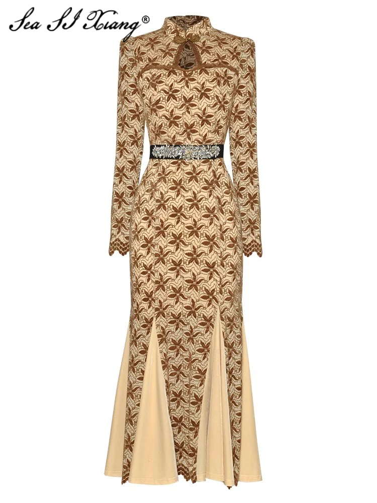 Seasixiang Fashion Designer Autumn Mermaid Dress Women Square Collar Long Sleeve Diamonds Belt Velvet Patchwork Vintage Dresses
Seasixiang Fashion Designer Autumn Mermaid Dress Women Square Collar Long Sleeve Diamonds Belt Velvet Patchwork Vintage Dresses