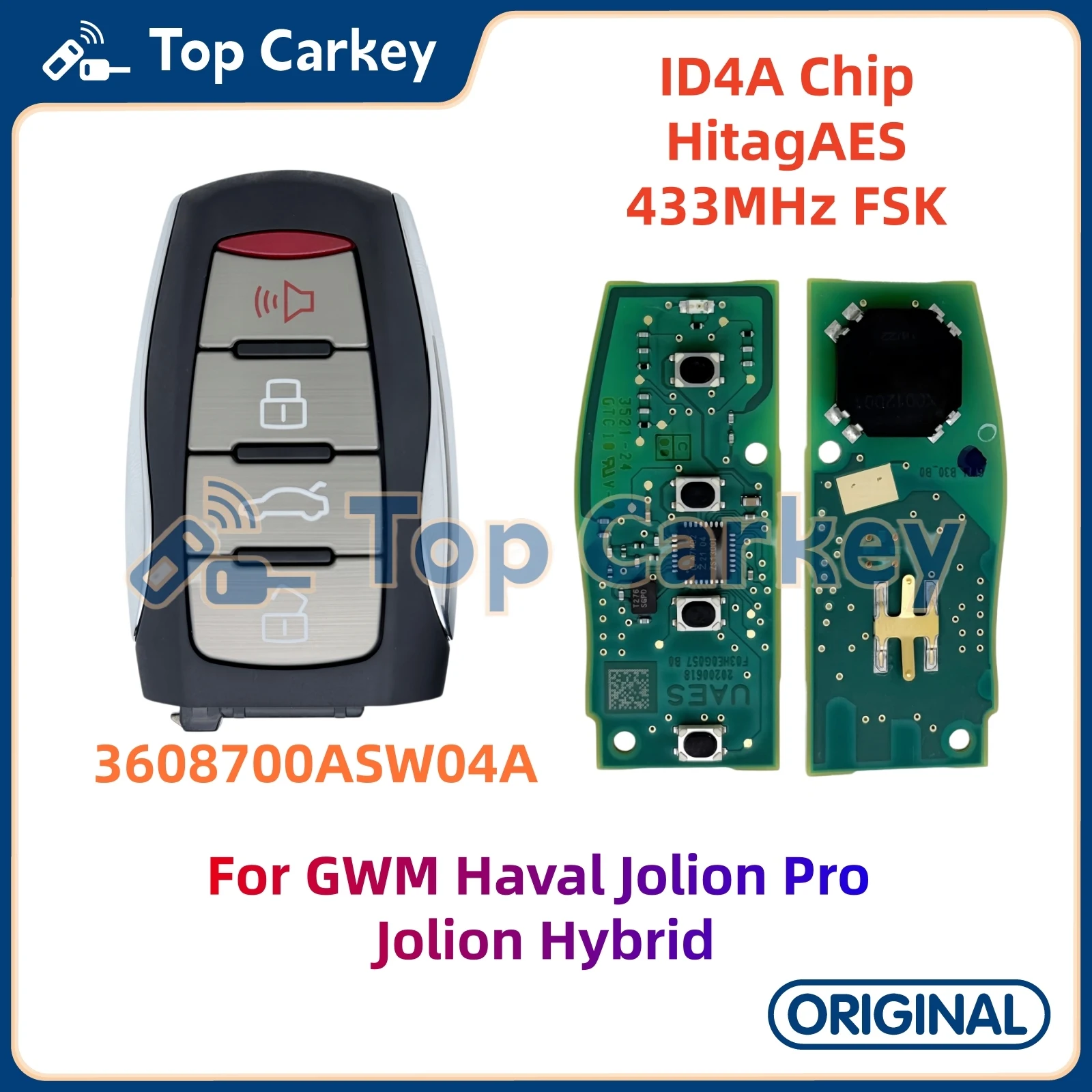 TopCarkey 3608700ASW04A OEM Smart Remote Key ID4A HitagAES 433MHz for Great Wall GWM Haval Jolion Pro
TopCarkey 3608700ASW04A OEM Smart Remote Key ID4A HitagAES 433MHz for Great Wall GWM Haval Jolion Pro
