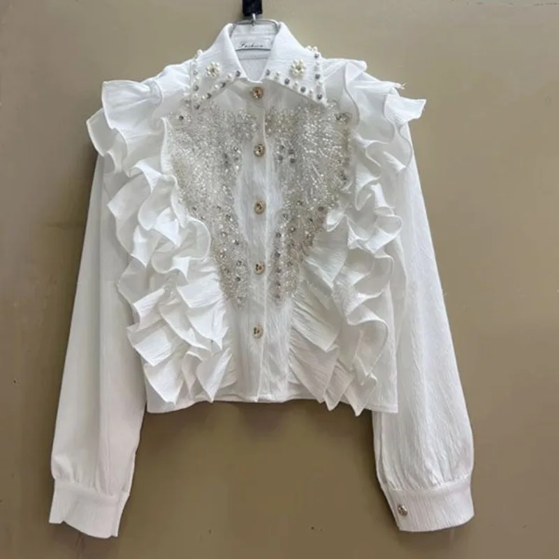 Spring Women Short Single Breasted Shirt Heavy Beaded Rhinestone Sequins Sweet Ruffle Lace Patchwork Pleated Blouse
Spring Women Short Single Breasted Shirt Heavy Beaded Rhinestone Sequins Sweet Ruffle Lace Patchwork Pleated Blouse