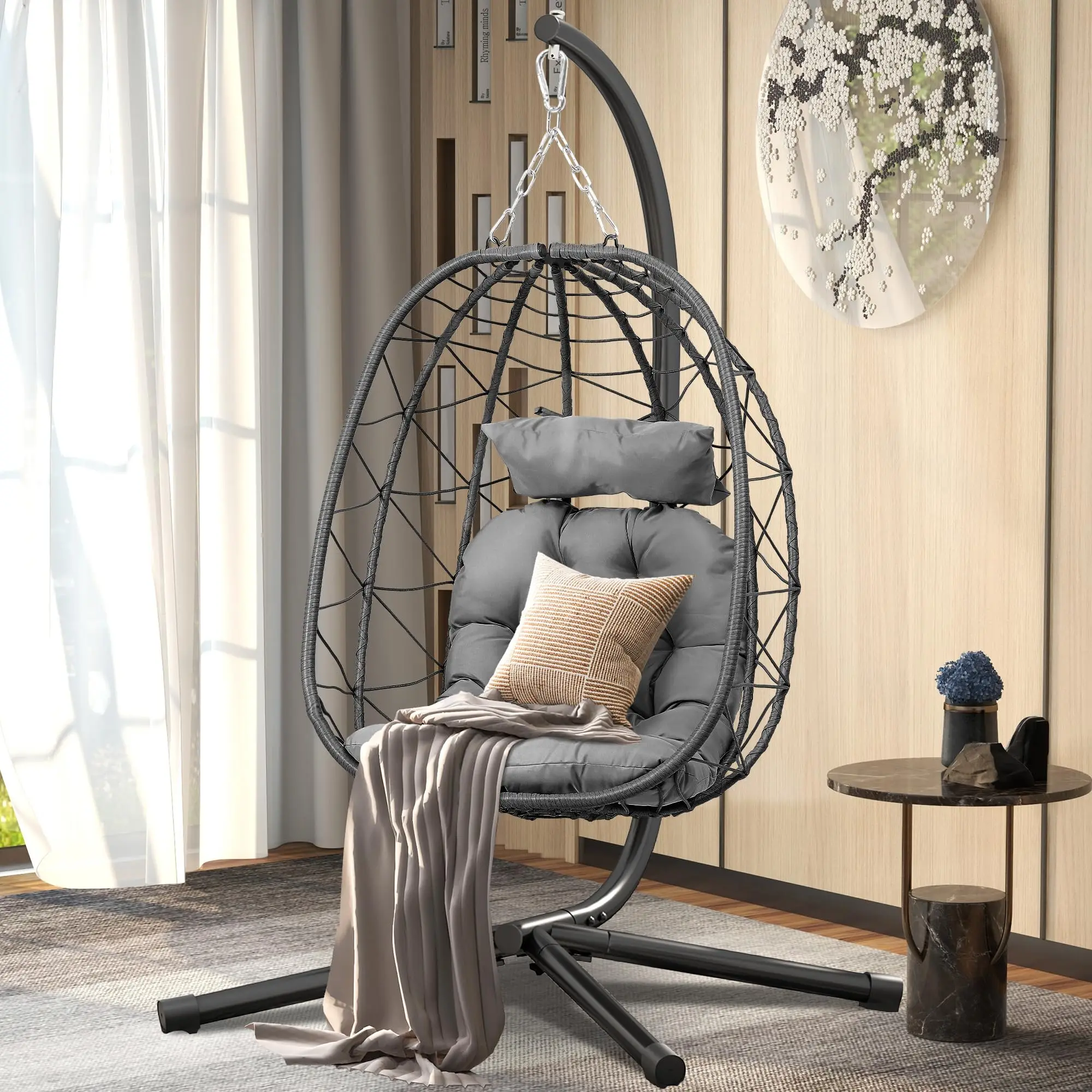 Hanging Egg Chair with Stand Outdoor Indoor Egg Swing Chair with Cushion Headrest 350LBS Capacity for Patio Porch Balcony
Hanging Egg Chair with Stand Outdoor Indoor Egg Swing Chair with Cushion Headrest 350LBS Capacity for Patio Porch Balcony
