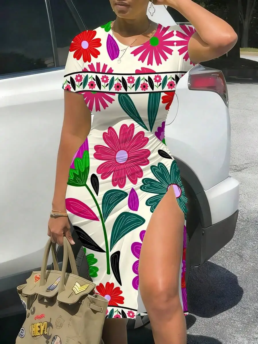 Womens Short Sleeve Fitted Midi Dress With Slit Floral Print Bright Colors
Womens Short Sleeve Fitted Midi Dress With Slit Floral Print Bright Colors