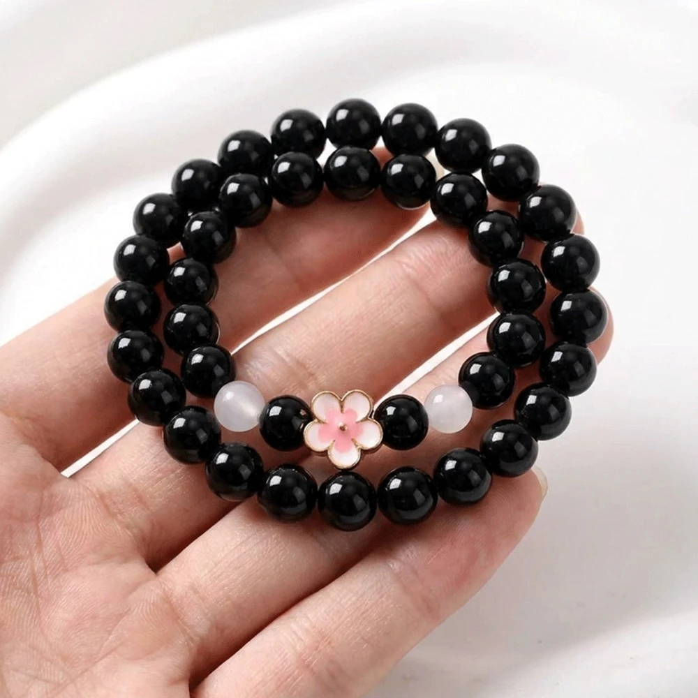 Natural Black Onyx Beaded Bracelets, Pink Enamel Cherry Blossom Charm Bracelet for Women
Natural Black Onyx Beaded Bracelets, Pink Enamel Cherry Blossom Charm Bracelet for Women