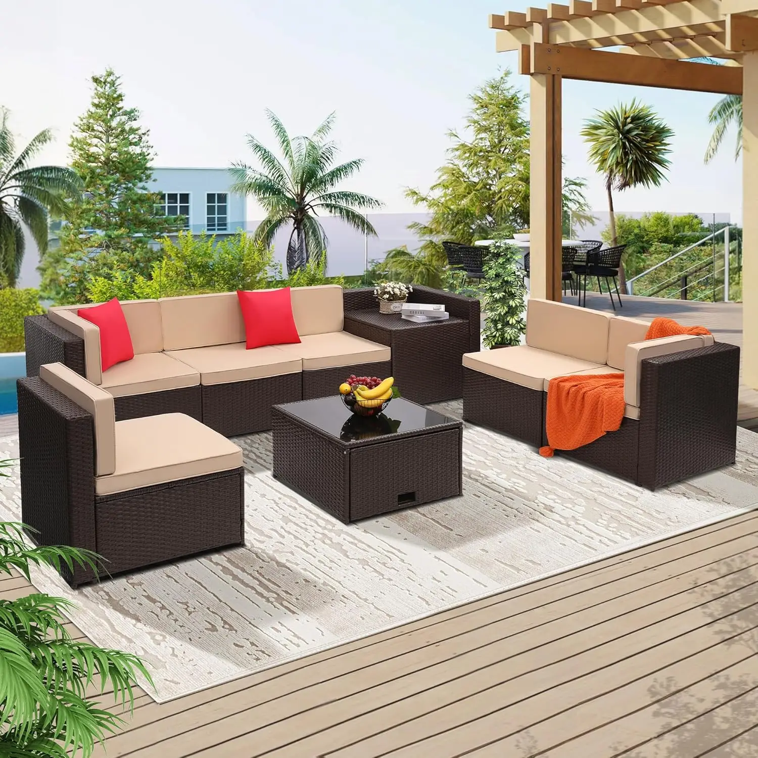 8-Piece Patio Furniture Set, Outdoor Wicker Rattan Sectional with Thick Cushions, Glass Top Table with Hidden Storage,, Custom
8-Piece Patio Furniture Set, Outdoor Wicker Rattan Sectional with Thick Cushions, Glass Top Table with Hidden Storage,, Custom