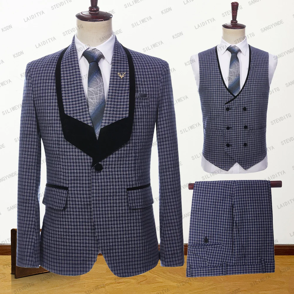 2023 New Men Wedding Party Summer Blue White Reto Classic Plaid Black Lapel Fashion Slim Fit Suits 3 Pcs Set Jacket Vest Pants
2023 New Men Wedding Party Summer Blue White Reto Classic Plaid Black Lapel Fashion Slim Fit Suits 3 Pcs Set Jacket Vest Pants