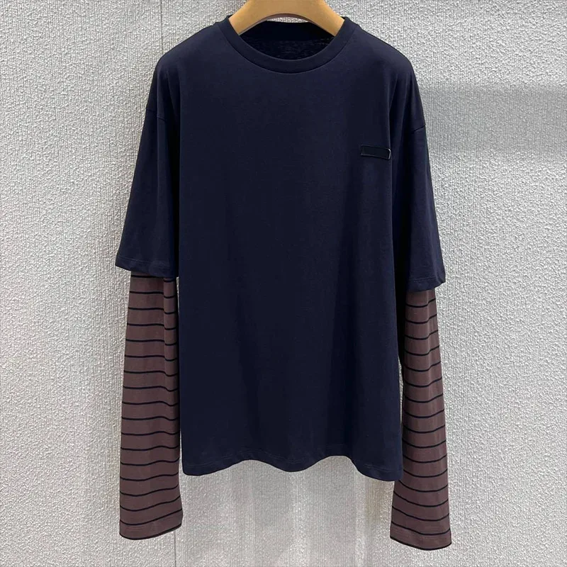 Fake Two-Piece Contrast Striped Long-Sleeve T-Shirt For Women High Quality Streetwear Top O-Neck Casual Tees Spring
Fake Two-Piece Contrast Striped Long-Sleeve T-Shirt For Women High Quality Streetwear Top O-Neck Casual Tees Spring