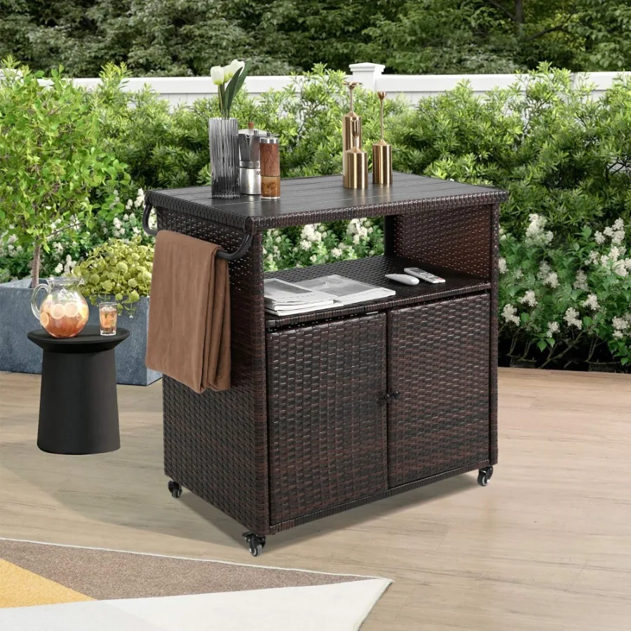 Outdoor Wicker Bar Cart Patio Wine Serving Cart w Wheels Rolling Rattan Beverage Bar Counter Table w Glass Top for Porch Backya
Outdoor Wicker Bar Cart Patio Wine Serving Cart w Wheels Rolling Rattan Beverage Bar Counter Table w Glass Top for Porch Backya