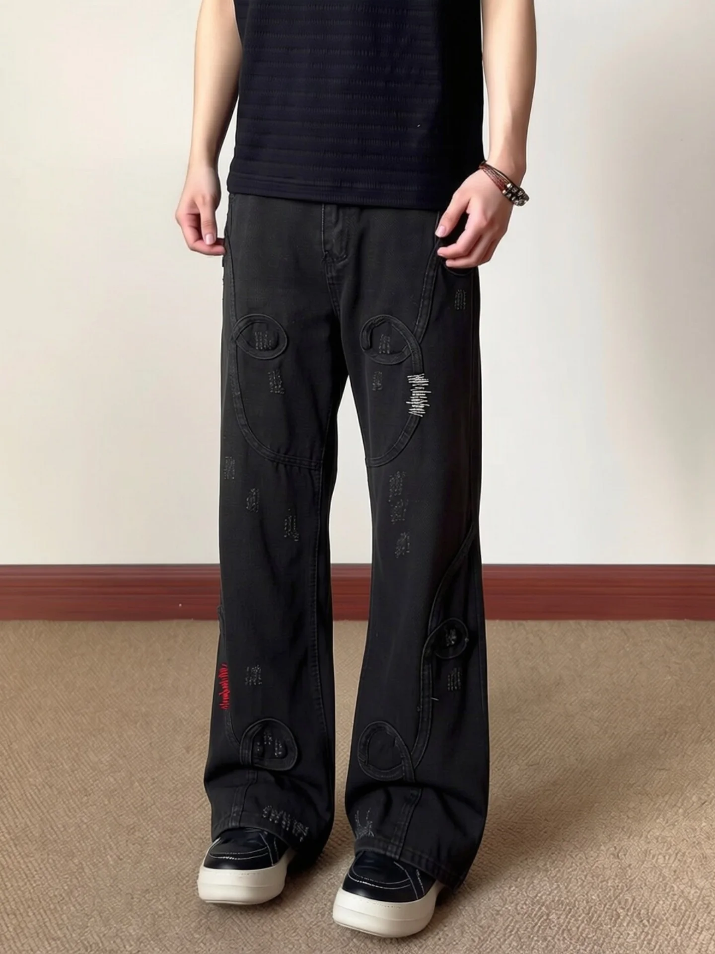 American Vibe Heavyweight Embroidered Flared Jeans Men's High Street Loose Deconstructed Washed Black Slimming Long Trousers
American Vibe Heavyweight Embroidered Flared Jeans Men's High Street Loose Deconstructed Washed Black Slimming Long Trousers