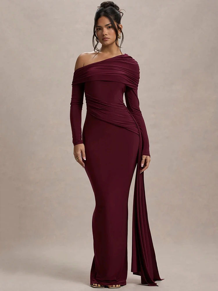 Skew Collar Long Sleeve Sexy Maxi Dresses For Women Gown Fashion Draped Ruched Bodycon Slim Robe Elegant Club Party Long Dress
Skew Collar Long Sleeve Sexy Maxi Dresses For Women Gown Fashion Draped Ruched Bodycon Slim Robe Elegant Club Party Long Dress