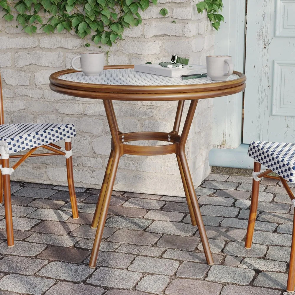 Indoor/Outdoor Commercial Bistro 31.5" Table, White and Navy PE Rattan, Glass Top, Bamboo Print Aluminum Frame in Natural
Indoor/Outdoor Commercial Bistro 31.5" Table, White and Navy PE Rattan, Glass Top, Bamboo Print Aluminum Frame in Natural