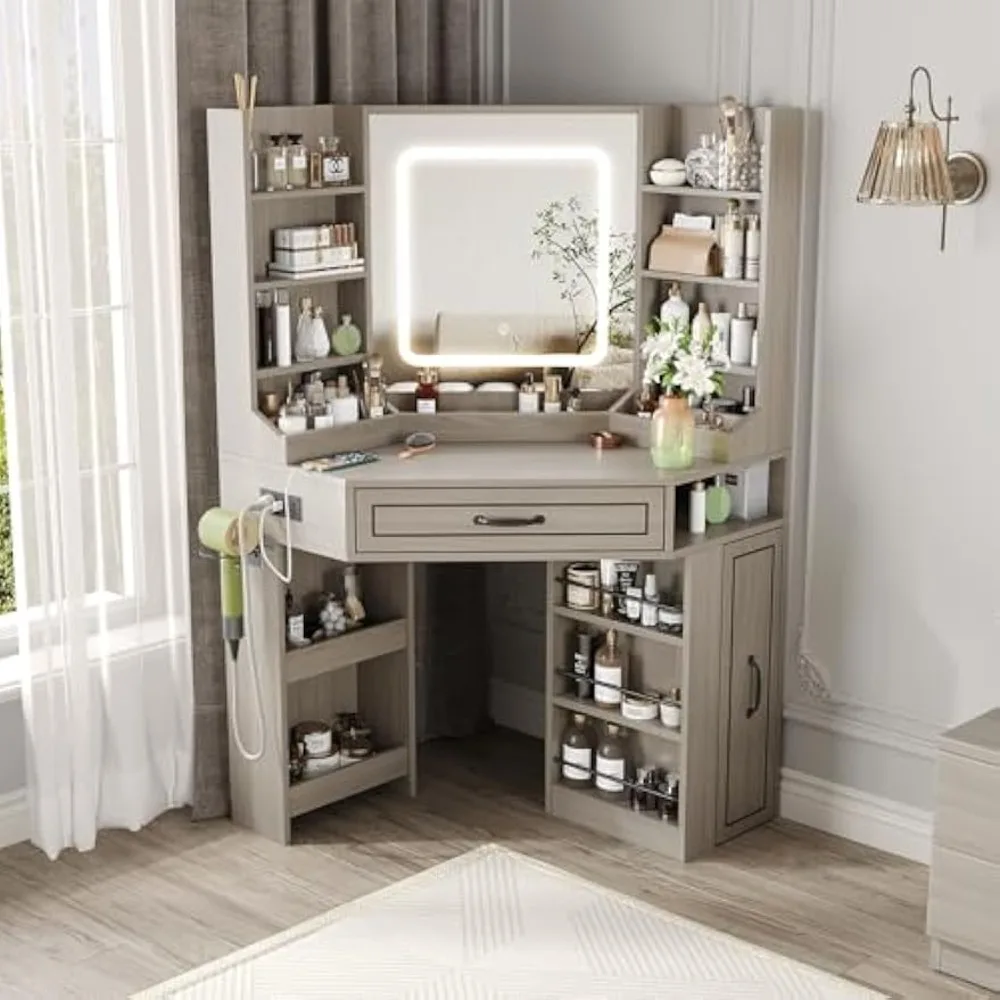 Makeup Vanity Desk, Corner Vanity Desk with HD LED Mirror, Lots Storage Shelves, 2 Drawers & Cabinets, Vanity with Charging Stat
Makeup Vanity Desk, Corner Vanity Desk with HD LED Mirror, Lots Storage Shelves, 2 Drawers & Cabinets, Vanity with Charging Stat