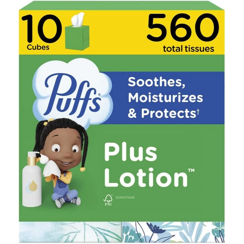 Lotion Facial Tissues for Allergies and Colds, 10 Cube Boxes, 56 Tissues per Box
Lotion Facial Tissues for Allergies and Colds, 10 Cube Boxes, 56 Tissues per Box