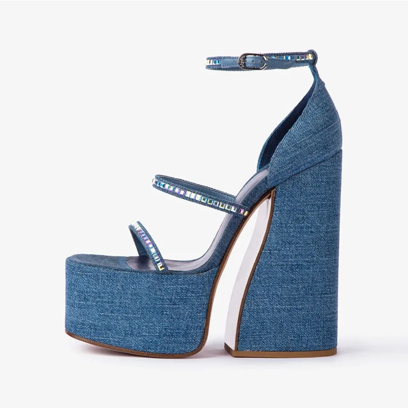 Blue Denim Peep Toe Three Straps Crystal Thick Sole Platform Gladiator Sandals Woman Square High Heels Dress Stage Shoes Lady
Blue Denim Peep Toe Three Straps Crystal Thick Sole Platform Gladiator Sandals Woman Square High Heels Dress Stage Shoes Lady