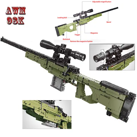 WW2 Military Technic Real Weapon AWM Sniper Rifle Bullet Guns Building Blocks Model King Outdoor Games Kids Toys For Boys Gifts