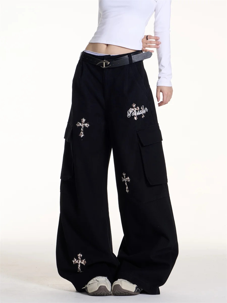 American Workwear Style Cross Print Wide Leg Pants Women's Black Multi Pocket Knife Casual Pants Floor Length
American Workwear Style Cross Print Wide Leg Pants Women's Black Multi Pocket Knife Casual Pants Floor Length