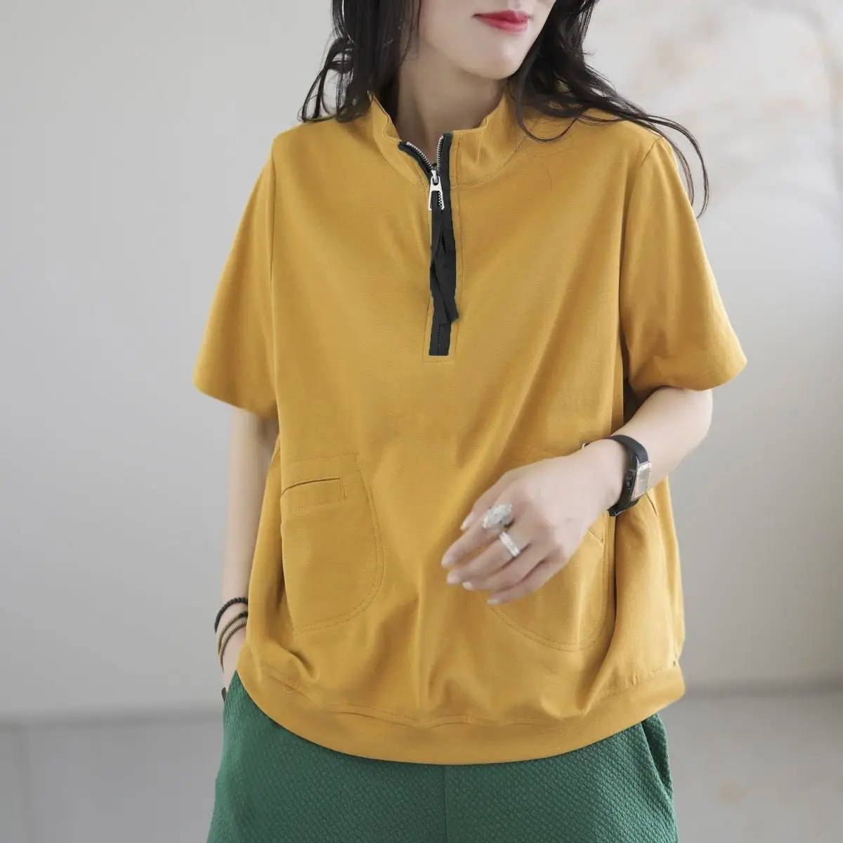 100% Pure Cotton Half Zipper Short Sleeves T-shirt for Women Summer Casual Loose Versatile Pullover Tops Fashion Women Clothing
100% Pure Cotton Half Zipper Short Sleeves T-shirt for Women Summer Casual Loose Versatile Pullover Tops Fashion Women Clothing