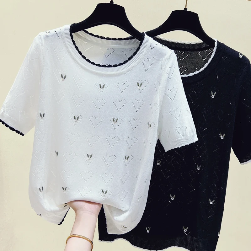 Summer Diamond Thin Knit Pullover Tops Women Short Sleeve Round Neck Loose T-shirts Casual Fashion Ice Silk Knitwear 2025
Summer Diamond Thin Knit Pullover Tops Women Short Sleeve Round Neck Loose T-shirts Casual Fashion Ice Silk Knitwear 2025