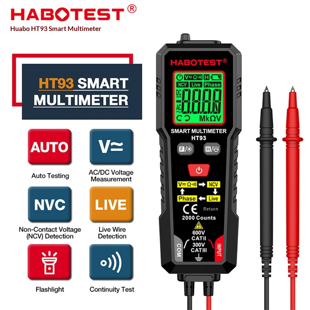 HABOTEST HT93 Smart Multimeter, 2000 Counts, NCV/Live Wire Detector, Auto Range, Flashlight, HTN Display, CAT III 600V