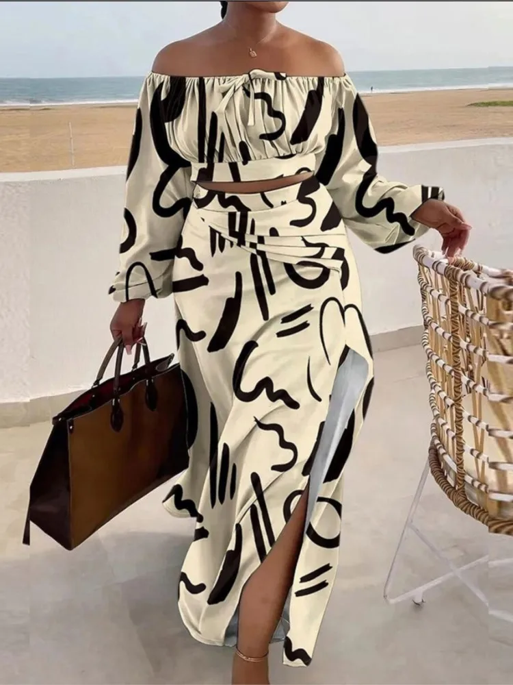 Spring And Summer Fashion One-shoulder Top Split Skirt Two-piece Set Women's Elegant Style Daily Commuting Printed Dress Set
Spring And Summer Fashion One-shoulder Top Split Skirt Two-piece Set Women's Elegant Style Daily Commuting Printed Dress Set