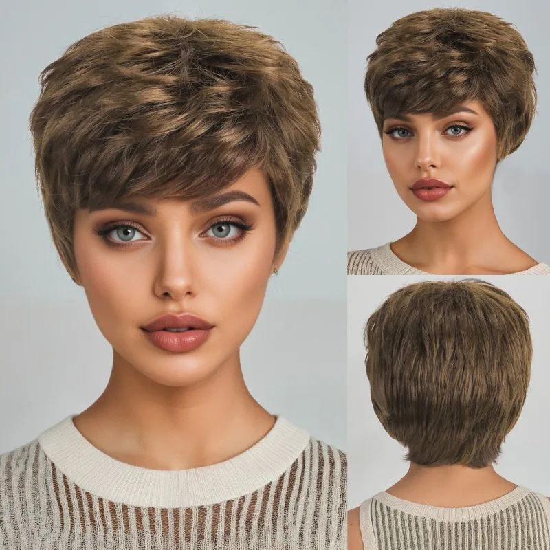 Fashionable women's short curly hair brown wig with bangs, full wig made of synthetic fiber, suitable for women's daily wear
Fashionable women's short curly hair brown wig with bangs, full wig made of synthetic fiber, suitable for women's daily wear