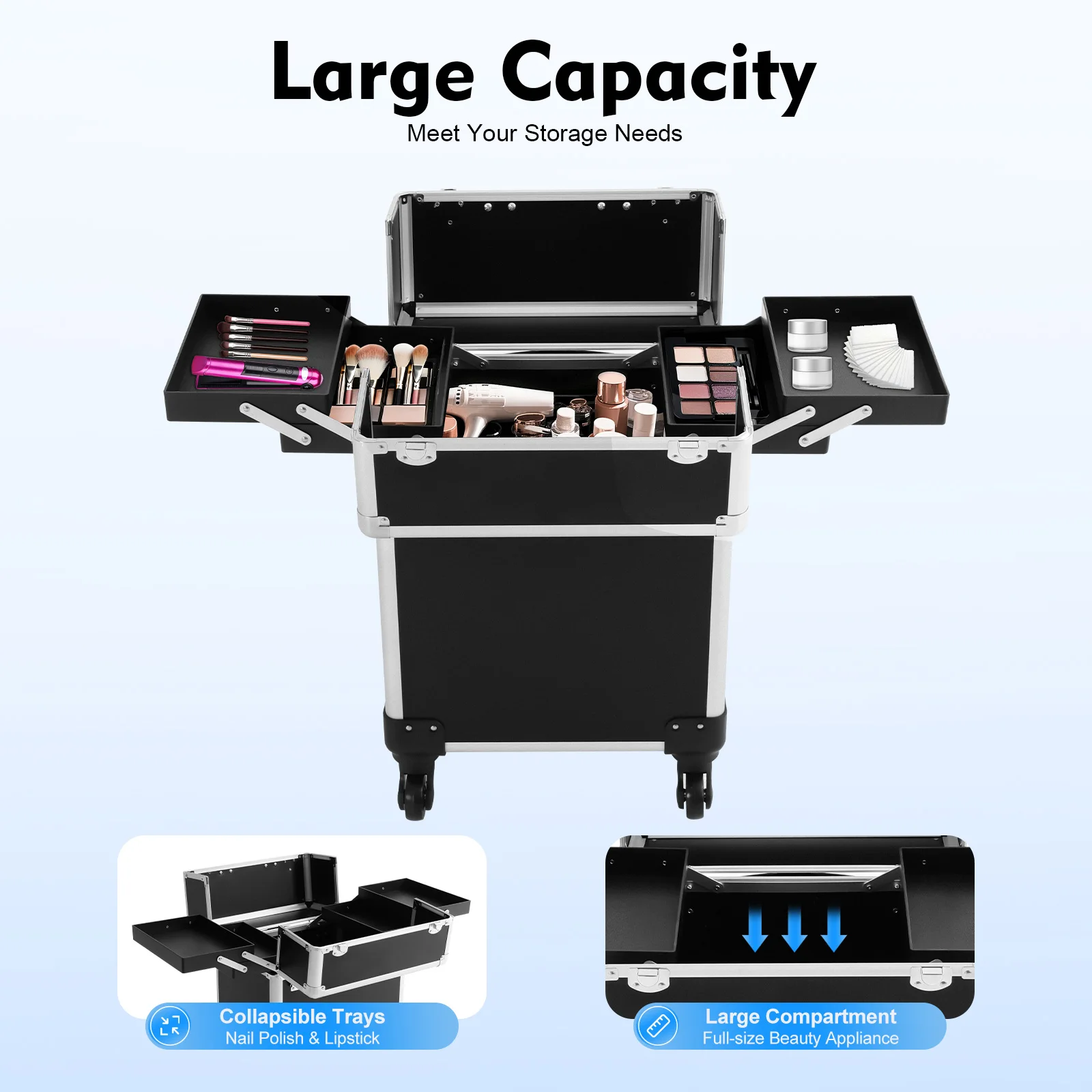 Aluminum Alloy Rolling Makeup Travel Case with Lock Keys Large Capacity Professional Cosmetic Trolley for Hairdressers
Aluminum Alloy Rolling Makeup Travel Case with Lock Keys Large Capacity Professional Cosmetic Trolley for Hairdressers