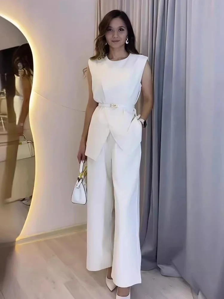 Fashion Solid Casual Pants Two Piece Set Spring Women Sleeveless Round Neck Top+High Waist Straight Wide Leg Pants Summer Outfit
Fashion Solid Casual Pants Two Piece Set Spring Women Sleeveless Round Neck Top+High Waist Straight Wide Leg Pants Summer Outfit
