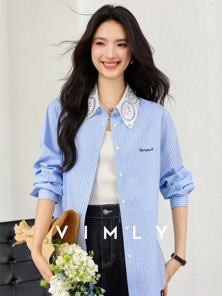 VIMLY Striped Blue Pure Cotton Women Shirt 2025 Autumn Embroider Lace Hollow Out Polo Neck Long Sleeve Office Wear Blouses A1930
VIMLY Striped Blue Pure Cotton Women Shirt 2025 Autumn Embroider Lace Hollow Out Polo Neck Long Sleeve Office Wear Blouses A1930