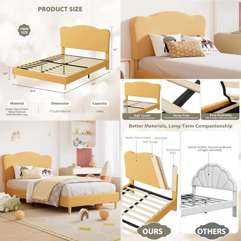 Бархатная двуспальная кровать для детей с гребешком изголовья, прочная платформа, коробчатая пружина не требуется, деревянные рейки, желтый
Бархатная двуспальная кровать для детей с гребешком изголовья, прочная платформа, коробчатая пружина не требуется, деревянные рейки, желтый