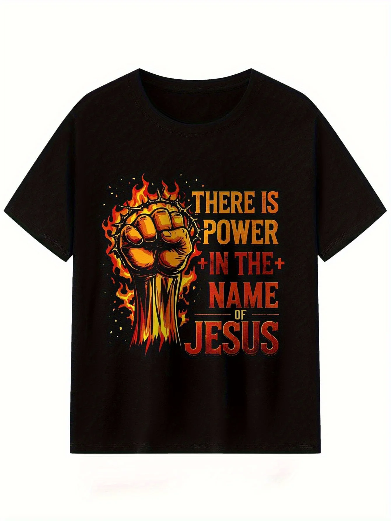 Мужская футболка с рисунком THERE-IS-POWER-IN-THE-NAME-OF-JESUS — дизайн Bold Flames & Cross Fist
Мужская футболка с рисунком THERE-IS-POWER-IN-THE-NAME-OF-JESUS — дизайн Bold Flames & Cross Fist