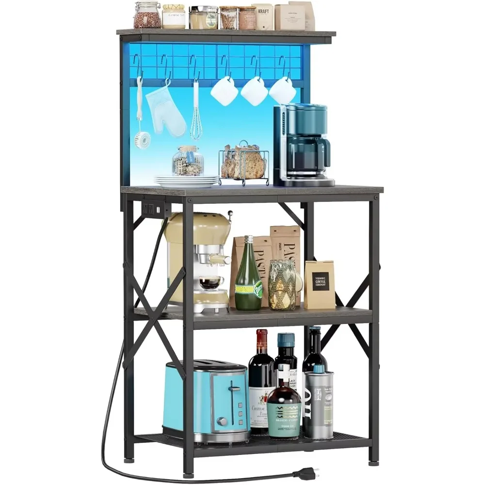 Bakers Rack with Power Outlet and LED Light, Small Coffee Bar Station with 4 Tier Shelves, Table with 6 S Hooks,Pots, Black Oak
Bakers Rack with Power Outlet and LED Light, Small Coffee Bar Station with 4 Tier Shelves, Table with 6 S Hooks,Pots, Black Oak